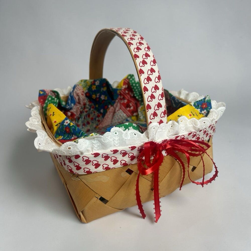 Woven Basket Fabric Cushioned Liner Heart Trim 7.5” Farmhouse Grannycore Decor - Picture 16 of 16